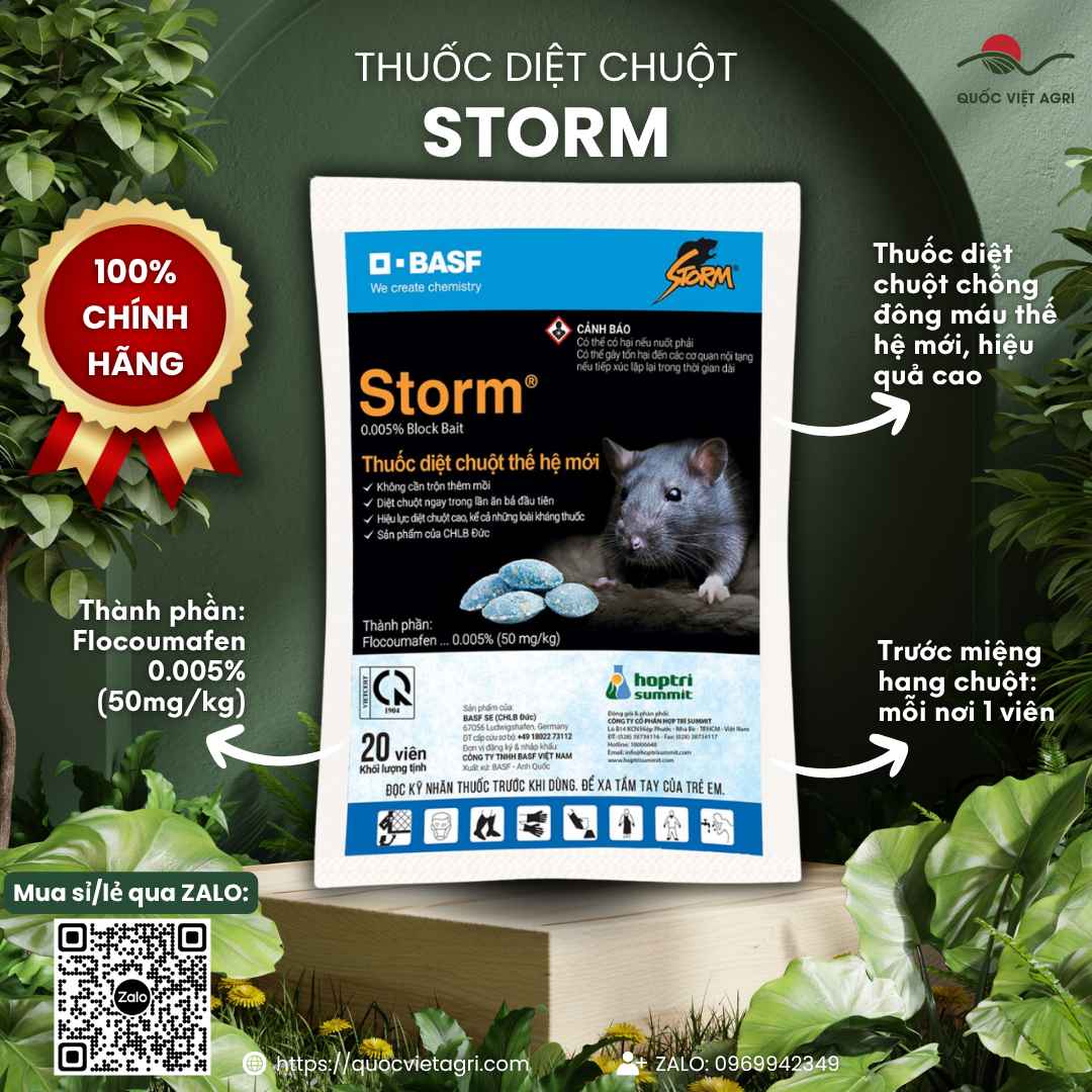 Thuốc diệt chuột Storm BASF gói 20 viên, hoạt chất Flocoumafen 0,005%, đặt 1 viên trước miệng hang chuột