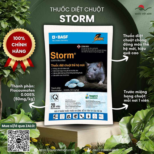 Thuốc diệt chuột Storm BASF gói 20 viên, hoạt chất Flocoumafen 0,005%, đặt 1 viên trước miệng hang chuột