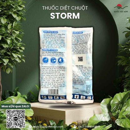 Mặt sau gói thuốc diệt chuột Storm 20 viên với thông tin thành phần hoạt chất Flocoumafen và hướng dẫn sử dụng an toàn.