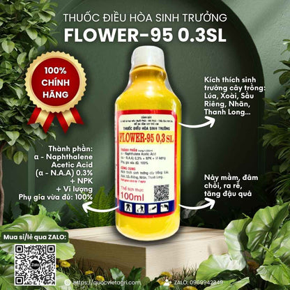 Mặt trước chai điều hòa sinh trưởng Flower 95 0.3SL 100ml, chuyên dùng để kích ra hoa, tăng đậu quả, sản phẩm chính hãng của Quốc Việt Agri.

