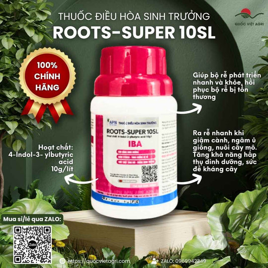 Mặt trước chai điều hòa sinh trưởng IBA Roots Super 10SL 100ml, chuyên dùng để kích rễ giâm chiết cành, sản phẩm chính hãng An Phát Nông.

