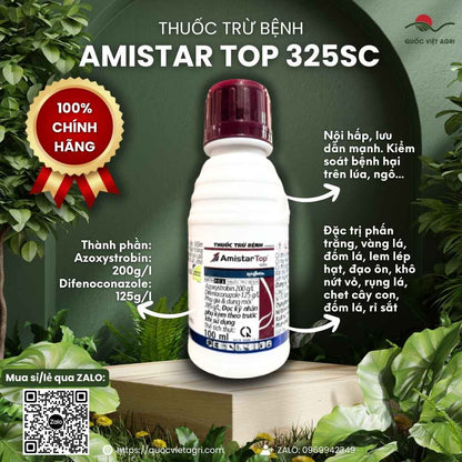 Mặt trước chai thuốc trừ bệnh Amistar Top 325SC 100ml, chứa Azoxystrobin và Difenoconazole, đặc trị lem lép hạt, đạo ôn.

