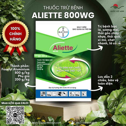 Mặt trước gói thuốc trừ bệnh ALIETTE 800WG 100g, chứa Fosetyl Aluminium, đặc trị bạc lá, sương mai, thối gốc chảy nhựa.

