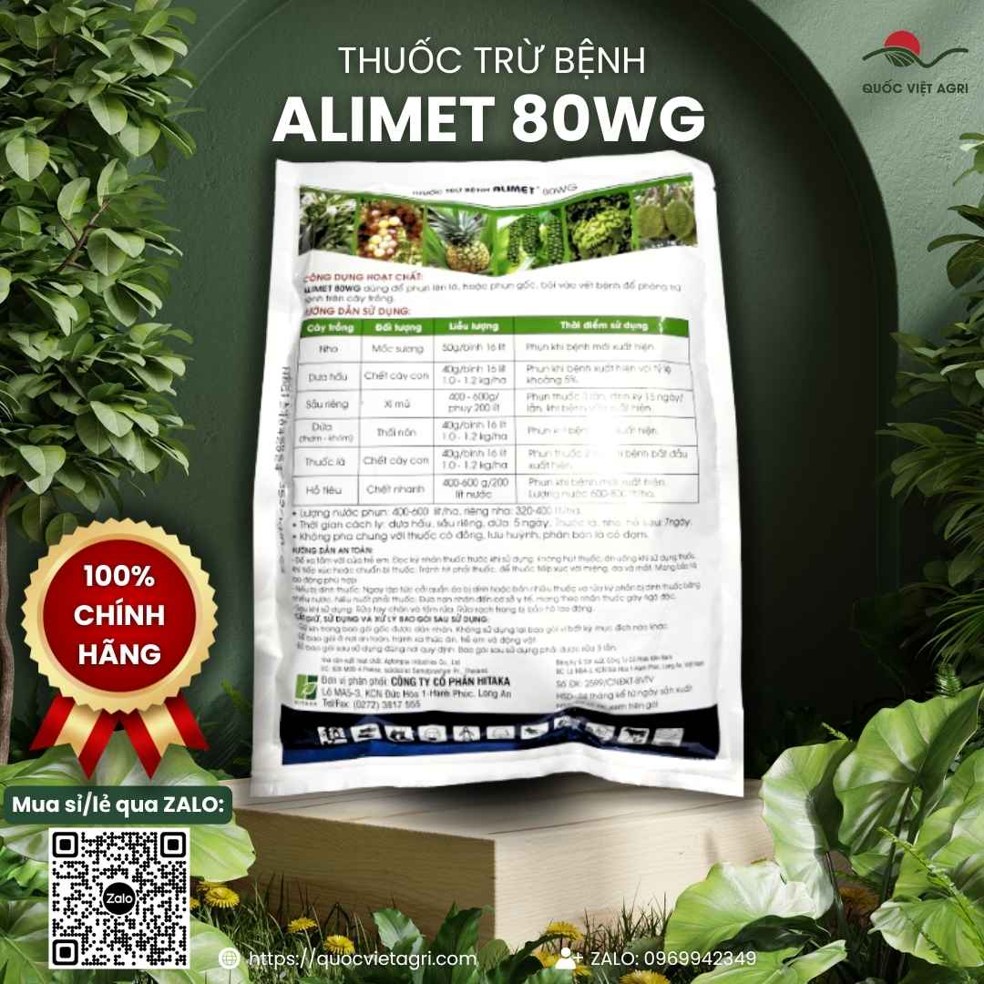 Mặt sau gói Alimet 80WG với hướng dẫn sử dụng cho sầu riêng, hồ tiêu và cảnh báo không pha chung với Đồng.