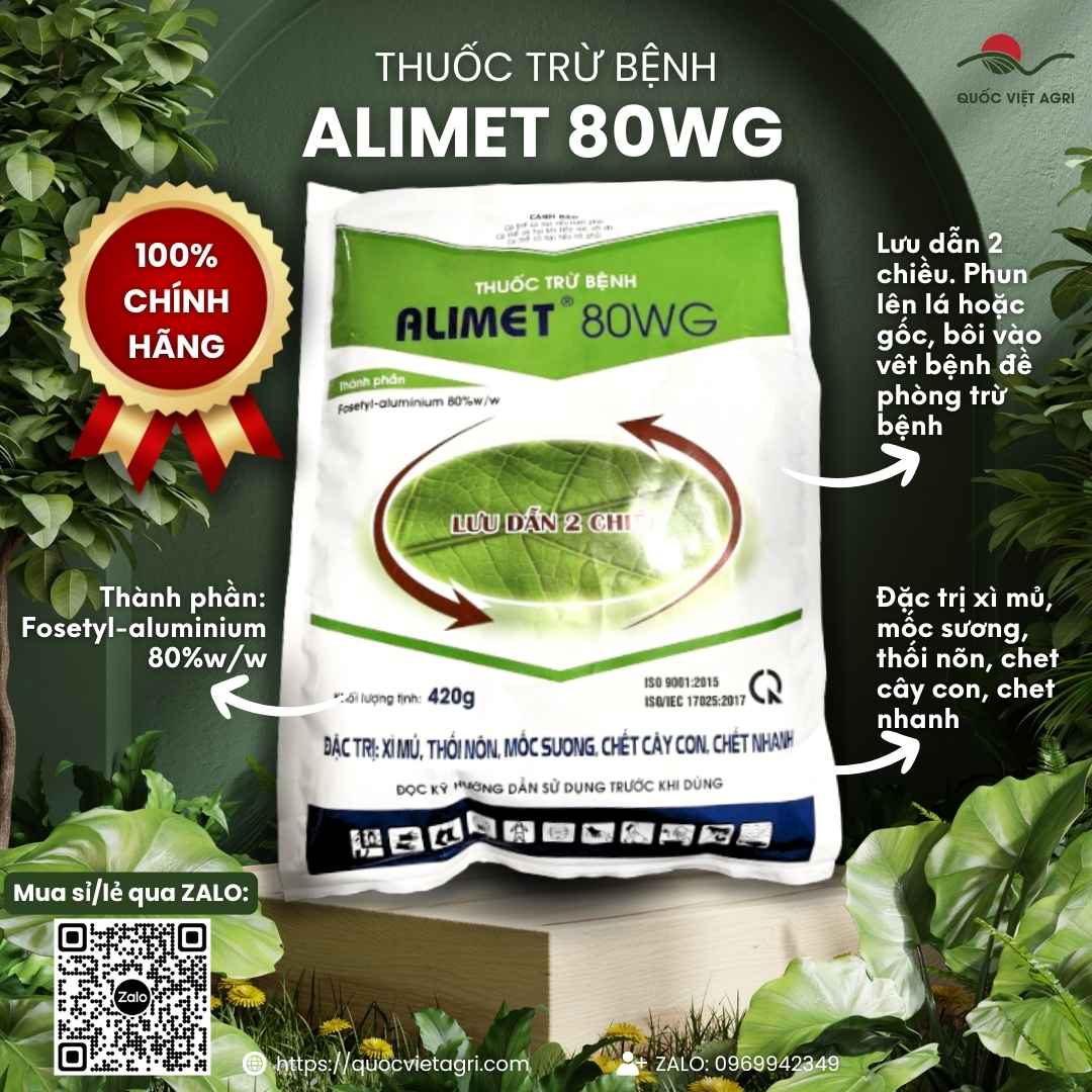 Mặt trước gói Thuốc Trừ Bệnh ALIMET 80WG 420g, hoạt chất Fosetyl-aluminium 80%, lưu dẫn 2 chiều trị xì mủ.