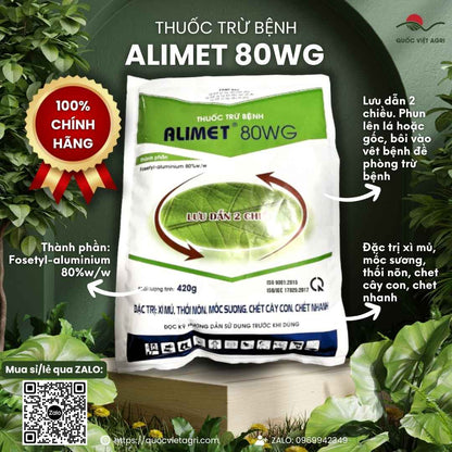 Mặt trước gói Thuốc Trừ Bệnh ALIMET 80WG 420g, hoạt chất Fosetyl-aluminium 80%, lưu dẫn 2 chiều trị xì mủ.