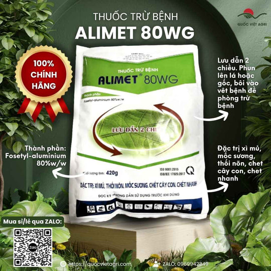 Mặt trước gói Thuốc Trừ Bệnh ALIMET 80WG 420g, hoạt chất Fosetyl-aluminium 80%, lưu dẫn 2 chiều trị xì mủ.