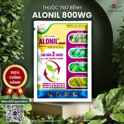 Mặt sau gói thuốc trừ bệnh Alonil 800WG 500g, chuyên dùng để đặc trị chết nhanh, bạc lá, sản phẩm lưu dẫn 2 chiều.
