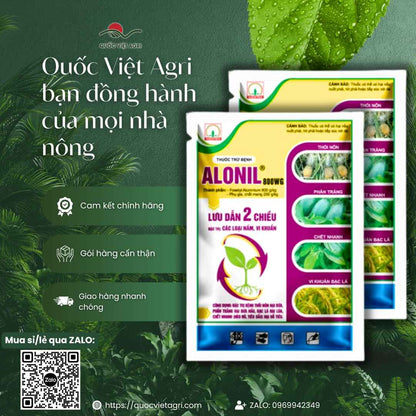 Ảnh toàn diện gói thuốc trừ bệnh Alonil 800WG 500g, chuyên dùng để đặc trị chết nhanh, bạc lá, sản phẩm lưu dẫn 2 chiều.
