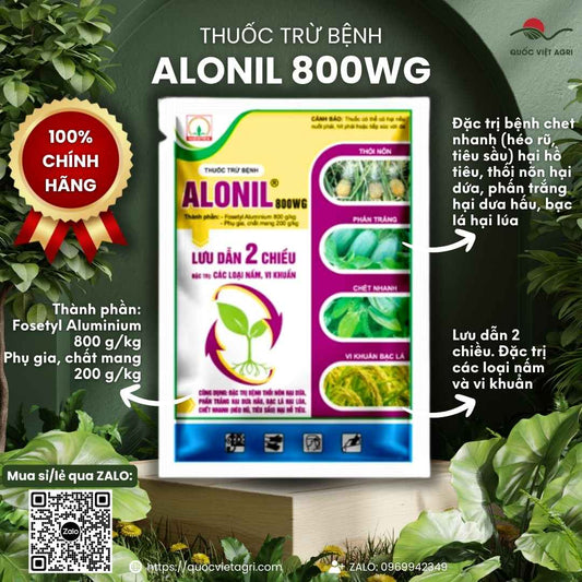 Mặt trước gói thuốc trừ bệnh Alonil 800WG 500g, chuyên dùng để đặc trị chết nhanh, bạc lá, sản phẩm lưu dẫn 2 chiều.

