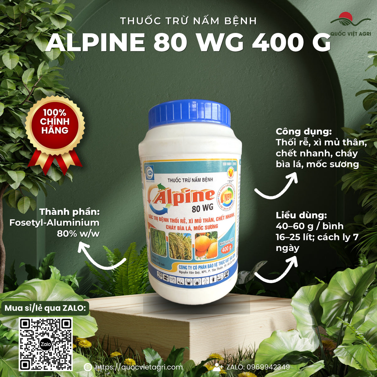 Thuốc trừ bệnh Alpine 80WG hũ 400g – Fosetyl-Aluminium 80% – SPC – ảnh giới thiệu, thành phần – công dụng – liều dùng