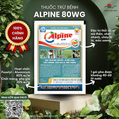  Mặt trước bao bì thuốc trừ bệnh Alpine 80WG 100g trị thối rễ xì mủ.