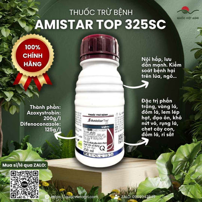 Mặt trước chai thuốc trừ bệnh Amistar Top 325SC 250ml, chuyên dùng để trị lem lép hạt, đạo ôn, sản phẩm chính hãng Syngenta.

