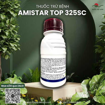 Mặt sau chai Amistar Top với thành phần Azoxystrobin, Difenoconazole và hướng dẫn cho lúa.