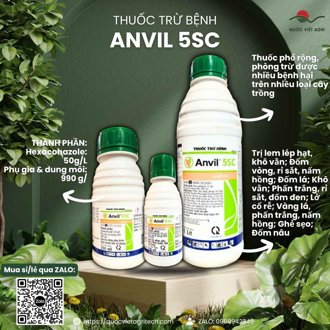 Mặt trước chai thuốc trừ bệnh Anvil 5SC 1 Lít, chuyên dùng để đặc trị rỉ sắt cà phê, nấm hồng, sản phẩm chính hãng Syngenta.

