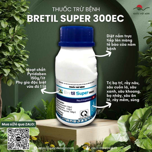 Mặt trước chai thuốc trừ bệnh Bretil Super 300EC 240ml, chuyên dùng để đặc trị lem lép hạt, rỉ sắt, công nghệ Thụy Sĩ.