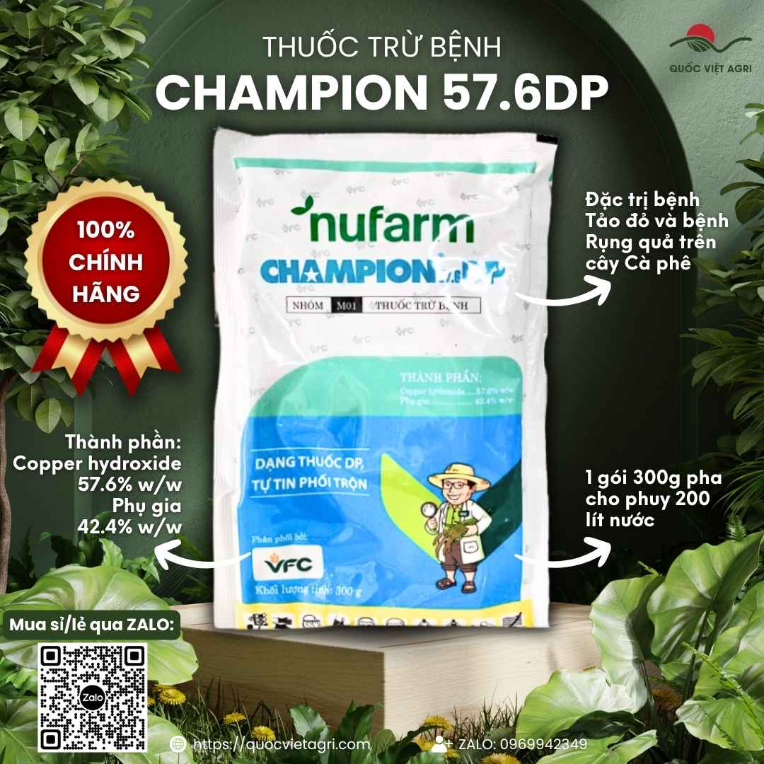Thuốc trừ bệnh CHAMPION 57.6DP gói 300g (VFC) – trị tảo đỏ, chống rụng quả cà phê (Copper hydroxide) – Quốc Việt Agri