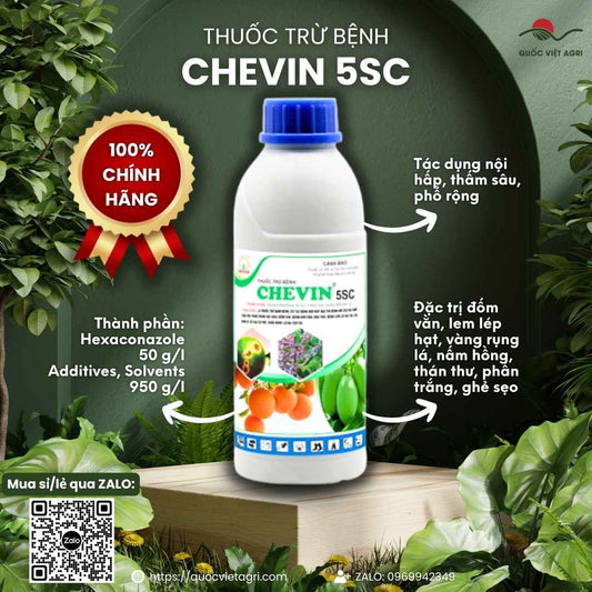 Mặt trước chai thuốc trừ bệnh Chevin 5SC 900ml, chuyên dùng để đặc trị nấm hồng, gỉ sắt, sản phẩm chính hãng của Nicotex.

