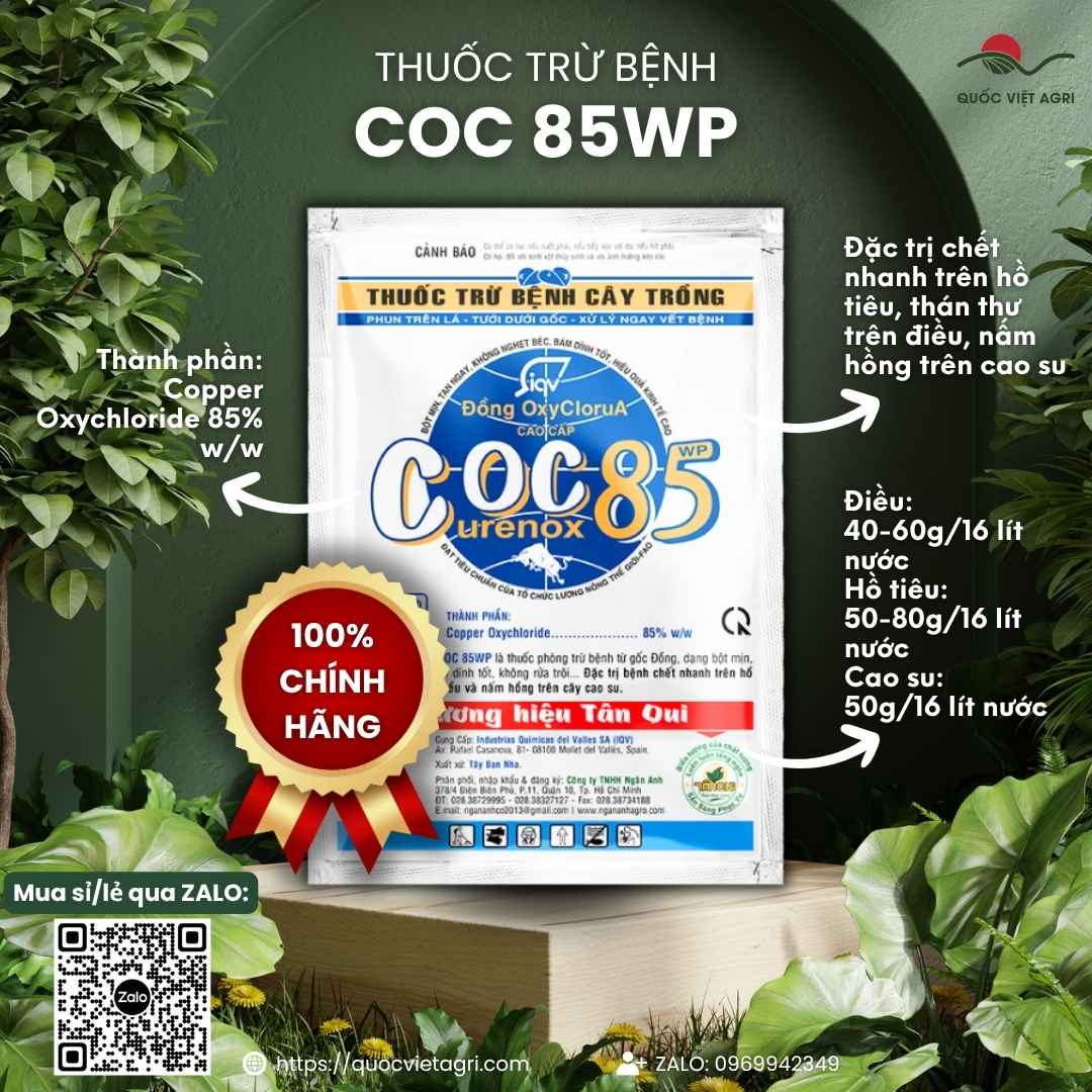 Mặt trước gói thuốc trừ bệnh COC 85 (Curenox OC 85WP) 20g, gốc Đồng, đặc trị thán thư, nấm hồng, chết nhanh.