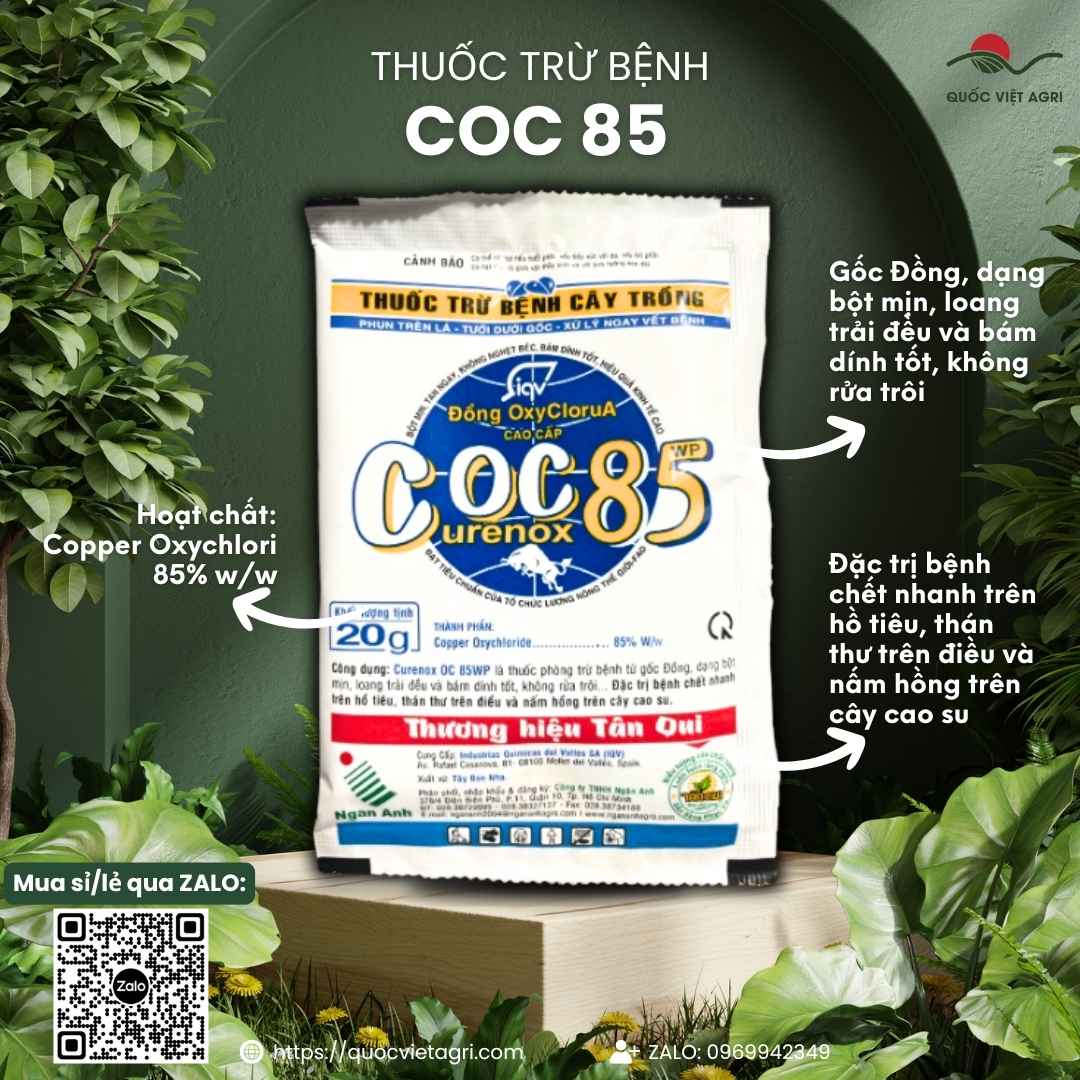 Mặt trước gói thuốc trừ bệnh COC 85 (Curenox OC 85WP) 20g, gốc Đồng, đặc trị thán thư, nấm hồng, chết nhanh.

