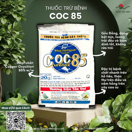 Mặt trước gói thuốc trừ bệnh COC 85 (Curenox OC 85WP) 20g, gốc Đồng, đặc trị thán thư, nấm hồng, chết nhanh.

