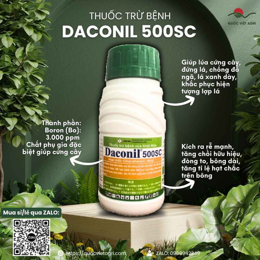 Mặt trước chai thuốc trừ bệnh Daconil 500SC 240ml, chuyên dùng để trị thán thư, sương mai, sản phẩm chính hãng Nhật Bản.

