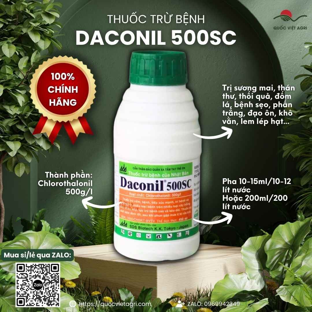 Mặt trước chai thuốc trừ bệnh Daconil 500SC 450ml chính gốc Nhật Bản.