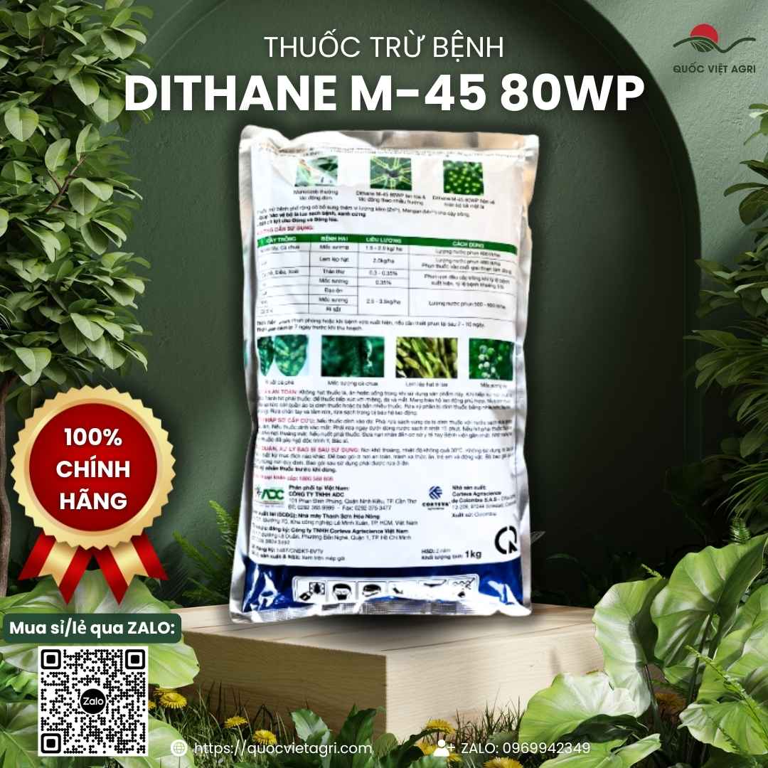 Mặt sau gói Dithane M-45 với hướng dẫn sử dụng trị thán thư, mốc sương cho lúa, cà phê, xoài.