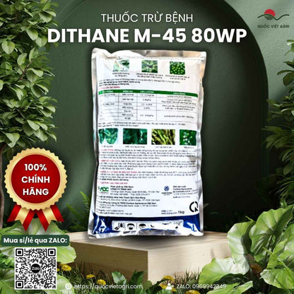 Mặt sau gói Dithane M-45 với hướng dẫn sử dụng trị thán thư, mốc sương cho lúa, cà phê, xoài.