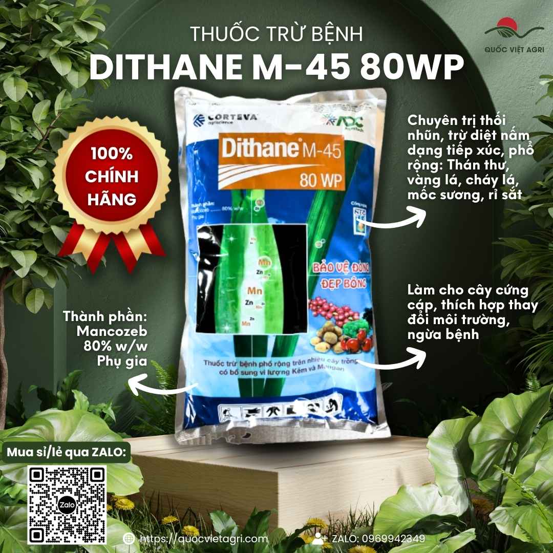 Mặt trước gói Thuốc Trừ Bệnh Dithane M-45 80WP 1kg, hoạt chất Mancozeb xanh lá, công nghệ Neotec.
