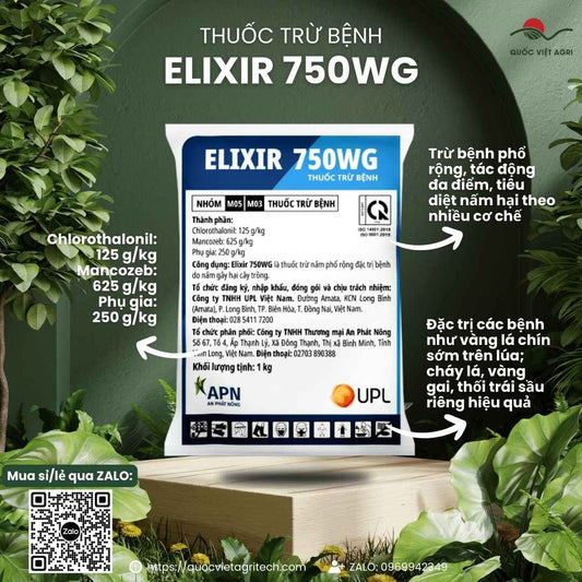 Mặt trước gói thuốc trừ bệnh Elixir 750WG 1kg, chuyên dùng để trị vàng lá, thối trái, sản phẩm chính hãng An Phát Nông.