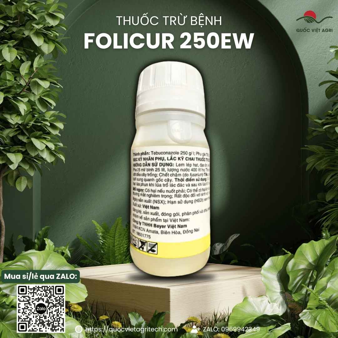 Mặt sau chai thuốc trừ bệnh Folicur 250EW 250ml, chuyên dùng để trị lem lép hạt lúa, thán thư, sản phẩm chính hãng Bayer.
