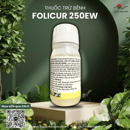 Mặt sau chai thuốc trừ bệnh Folicur 250EW 250ml, chuyên dùng để trị lem lép hạt lúa, thán thư, sản phẩm chính hãng Bayer.
