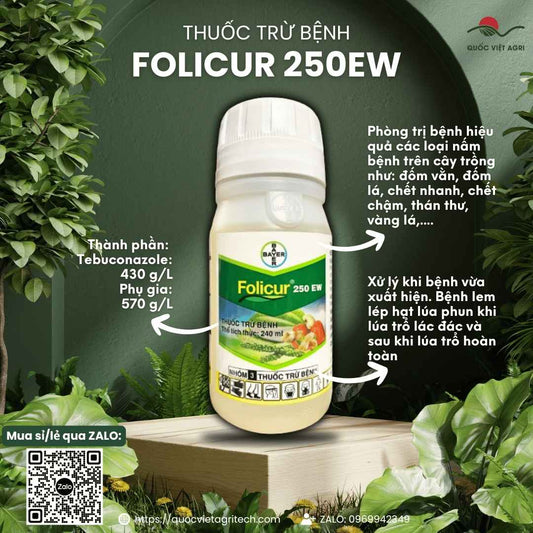 Mặt trước chai thuốc trừ bệnh Folicur 250EW 250ml, chuyên dùng để trị lem lép hạt lúa, thán thư, sản phẩm chính hãng Bayer.

