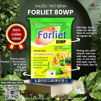 Mặt trước gói Thuốc trừ bệnh FORLIET 80WP 100g đặc trị xì mủ sầu riêng.