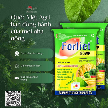 Thành phần Fosetyl-Aluminium 80% mặt sau gói Forliet 80WP lưu dẫn 2 chiều.
