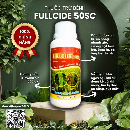 Mặt trước chai thuốc trừ bệnh Fullcide 50SC 240ml, chuyên dùng để đặc trị đạo ôn lá, đạo ôn cổ bông, sản phẩm chính hãng An Phát Nông.

