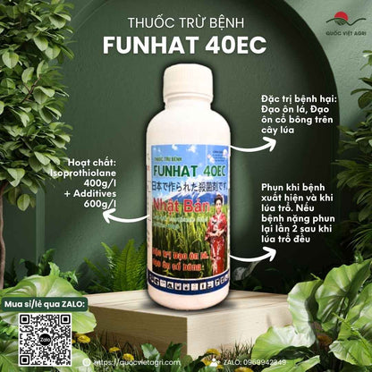 Mặt trước chai thuốc trừ bệnh Funhat 40EC 450ml (Fu Nhật), chuyên dùng để đặc trị đạo ôn lá, đạo ôn cổ bông, sản phẩm chính hãng VITHACO.