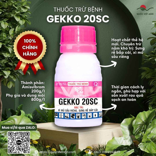 Mặt trước chai GEKKO 20SC 50ml, thuốc trừ bệnh Amisulbrom đặc trị xì mủ sầu riêng, sưng rễ bắp cải.
