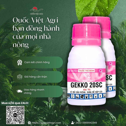 Ảnh tổng quan GEKKO 20SC với hướng dẫn nhúng rễ bắp cải và tưới gốc sầu riêng trị Phytophthora.