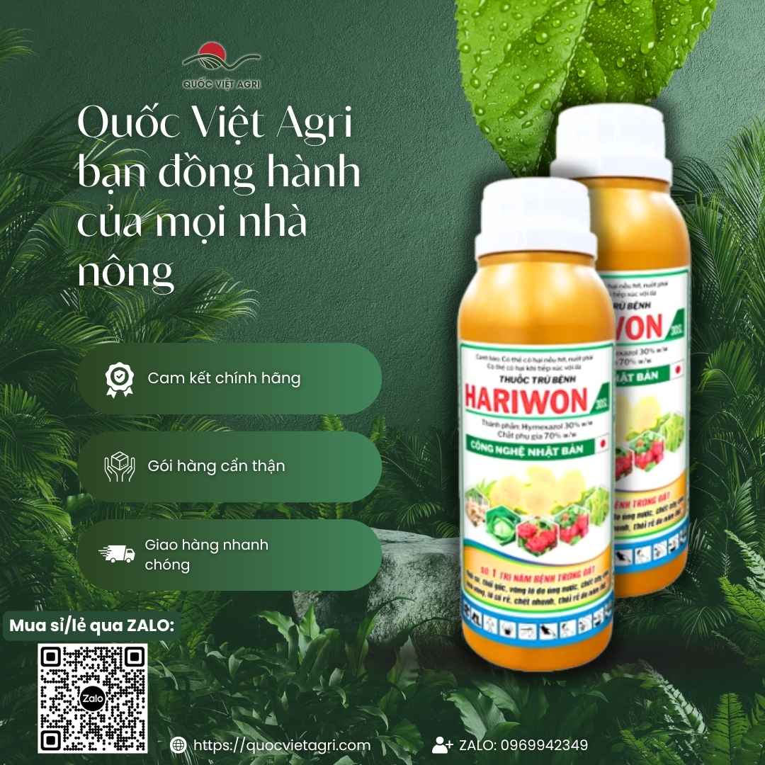 Ảnh tổng quát chai Hariwon 30SL với thành phần Hymexazol và hướng dẫn sử dụng phục hồi cây ngập úng.