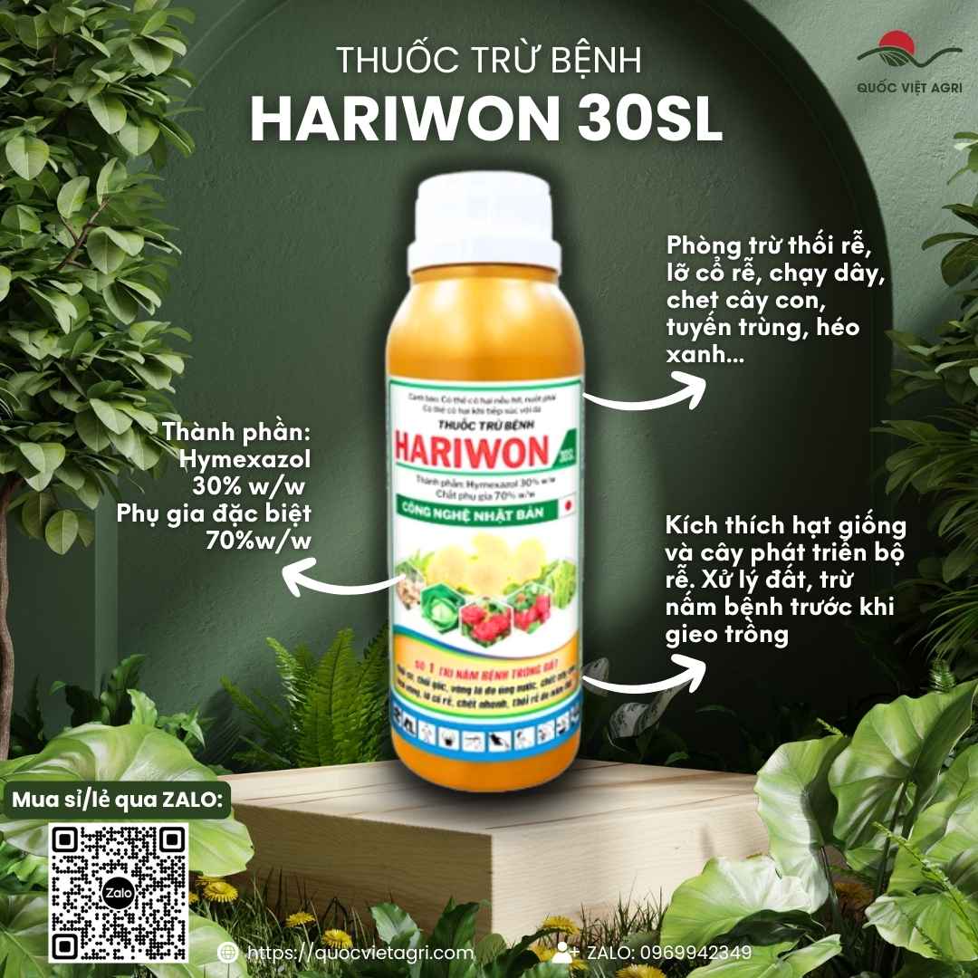 Mặt trước chai Thuốc Trị Nấm Đất Hariwon 30SL 240ml, công nghệ Nhật Bản, đặc trị thối rễ, lở cổ rễ.
