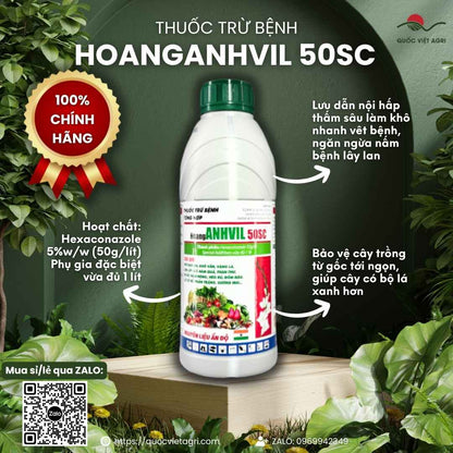 Mặt trước chai thuốc trừ bệnh Hoanganhvil 50SC 1 Lít, chuyên dùng để đặc trị nấm hồng, thán thư, sản phẩm chính hãng của Quốc Việt Agri.

