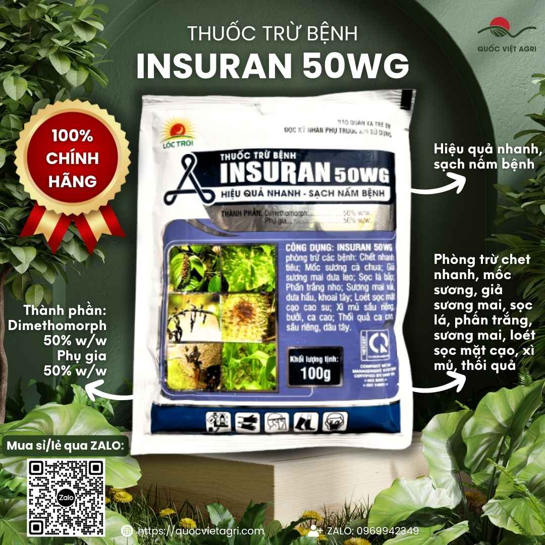 Mặt trước gói thuốc trừ bệnh Insuran 50WG 100g, chuyên dùng để đặc trị sương mai, mốc sương, nứt thân xì mủ, sản phẩm chính hãng Lộc Trời.