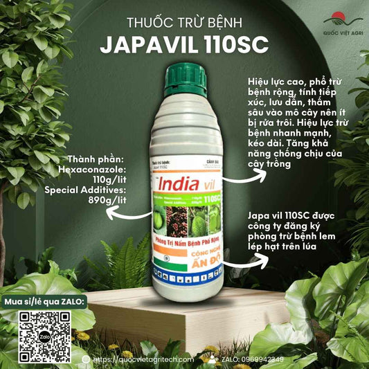 Mặt trước chai thuốc trừ bệnh Japavil 110SC 1 Lít, chuyên dùng để đặc trị lem lép hạt, nấm hồng, sản phẩm công nghệ Ấn Độ.

