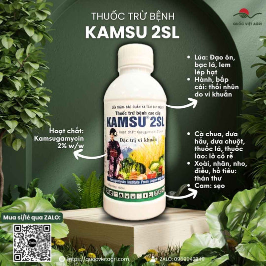 Mặt trước chai thuốc trừ bệnh Kamsu 2SL 450ml, chuyên dùng để đặc trị thối nhũn, bạc lá, sản phẩm chính hãng VITHACO.

