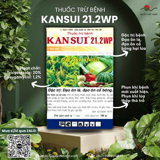 Mặt trước gói thuốc trừ bệnh Kansui 21.2WP 100g, chuyên dùng để đặc trị đạo ôn cổ bông, bạc lá lúa, sản phẩm chính hãng VITHACO.

