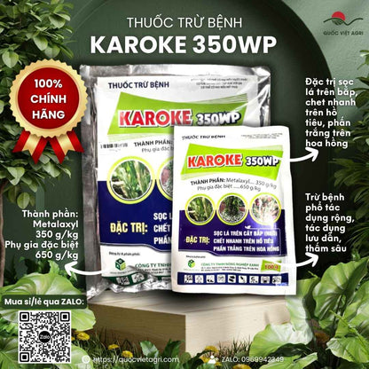 Mặt trước gói thuốc trừ bệnh Karoke 350WP 100g, chuyên dùng để đặc trị sọc lá bắp, chết nhanh tiêu, sản phẩm chính hãng của Quốc Việt Agri.

