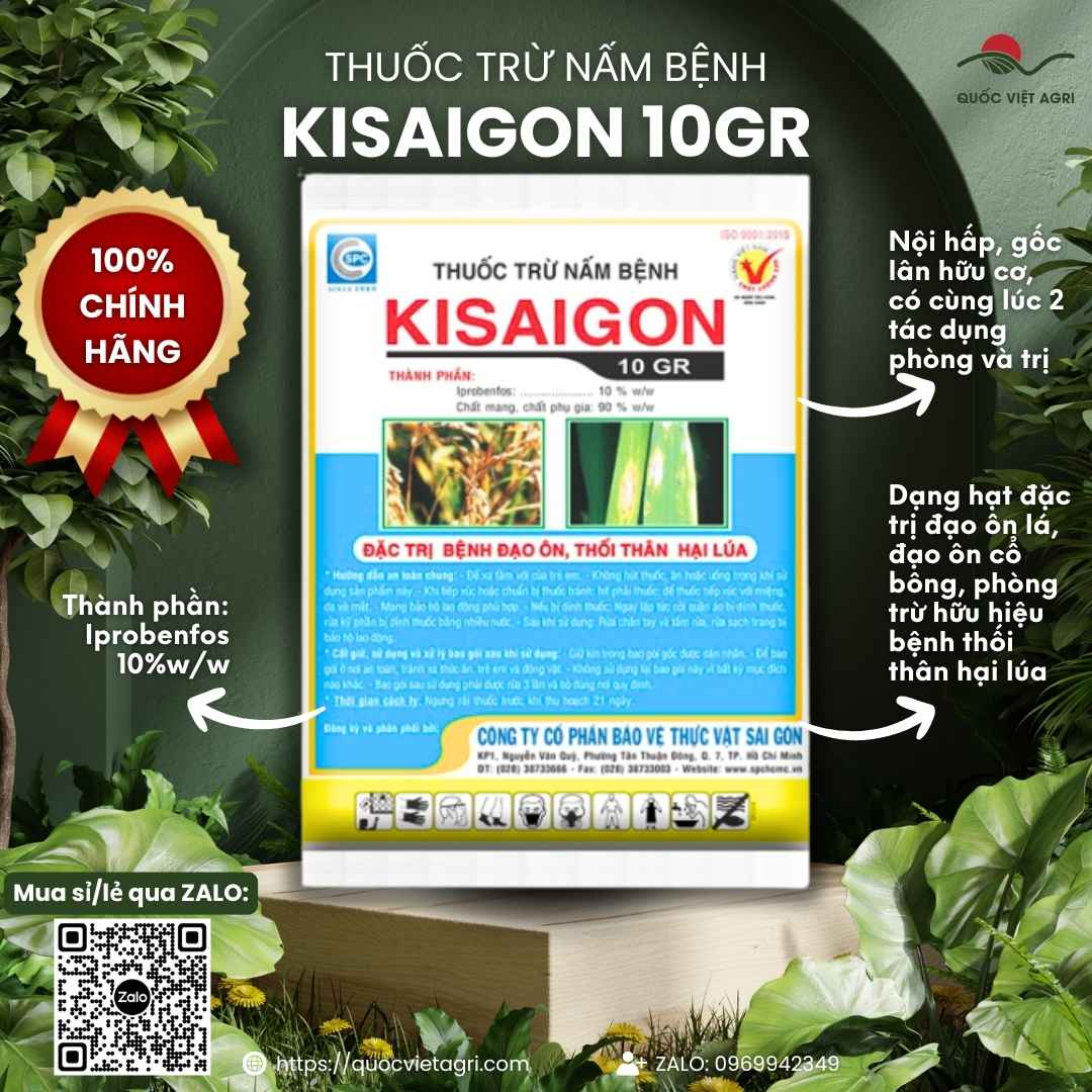 Mặt trước gói thuốc trừ bệnh Kisaigon 10GR 1kg, chuyên dùng để đặc trị đạo ôn lá, đạo ôn cổ bông, dạng hạt rải.