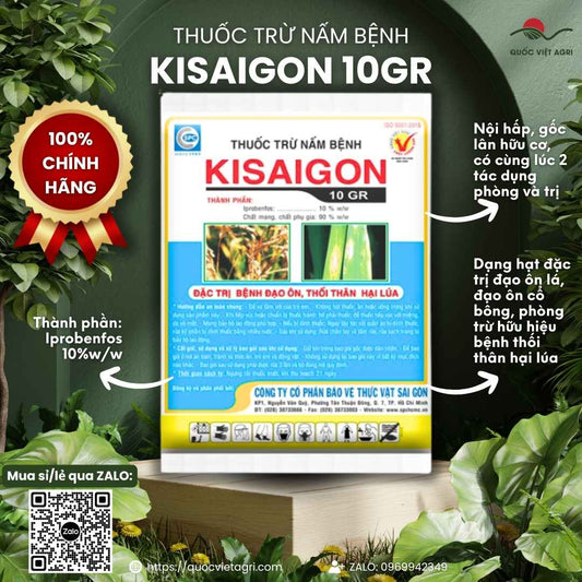 Mặt trước gói thuốc trừ bệnh Kisaigon 10GR 1kg, chuyên dùng để đặc trị đạo ôn lá, đạo ôn cổ bông, dạng hạt rải.